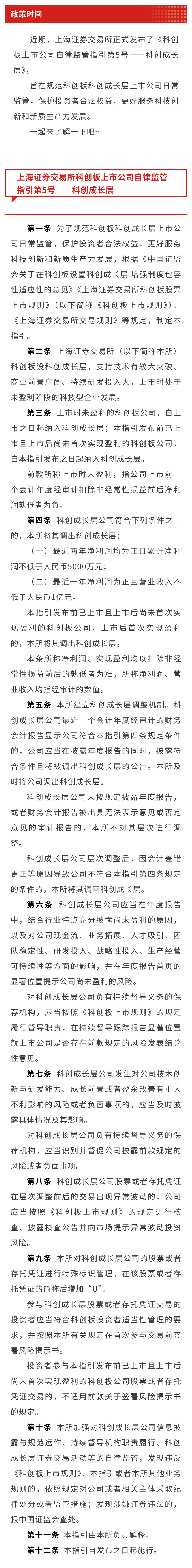 政策时间  上交所发布《科创板上市公司自律监管指引第5号——科创成长层》